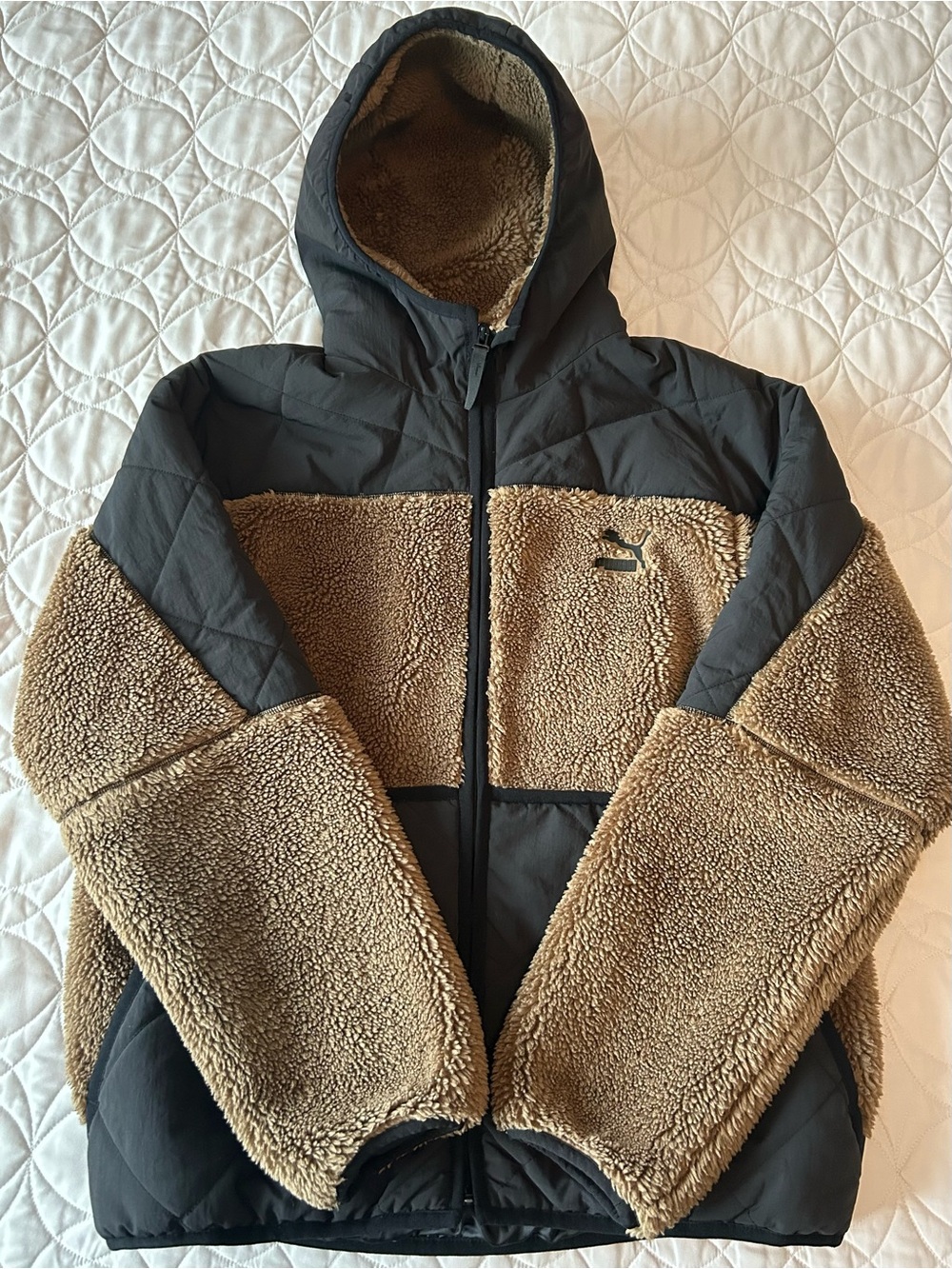Puma Sherpa Hybrid Puffer Jacket Men’s M Hooded Brown Black
